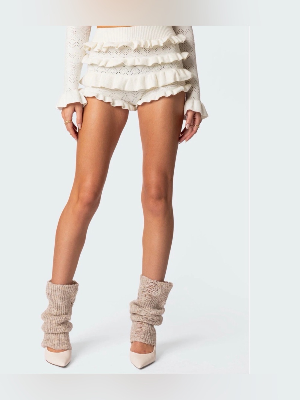 Ruffled Ivory Knit Shorts